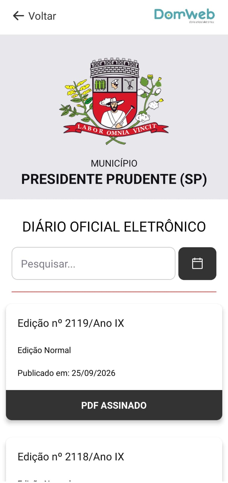 Tela do Aplicativo DomWeb